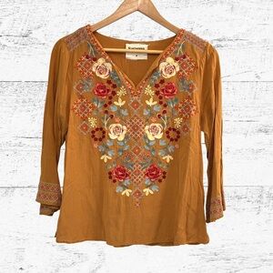 Savannah Brown Embellished Blouse with Red Floral Embroidery